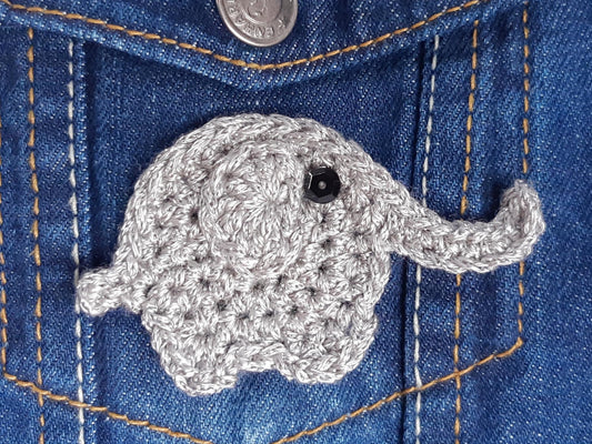 Silver Elephant Applique Hand Crocheted – Cotton Animal Patch for Clothes