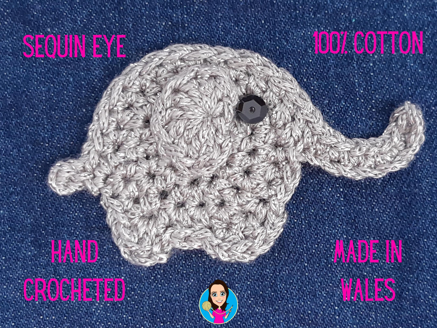 Silver Elephant Applique Hand Crocheted – Cotton Animal Patch for Clothes