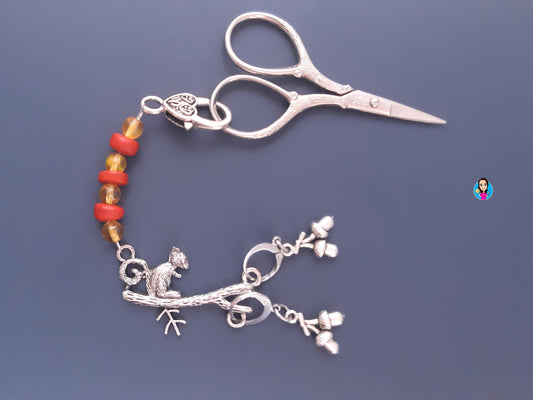 Squirrel Beaded Scissor Fob with Acorn Stitch Markers Set