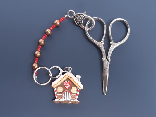 Gingerbread House Beaded Scissor Fob and Stitch Marker Set