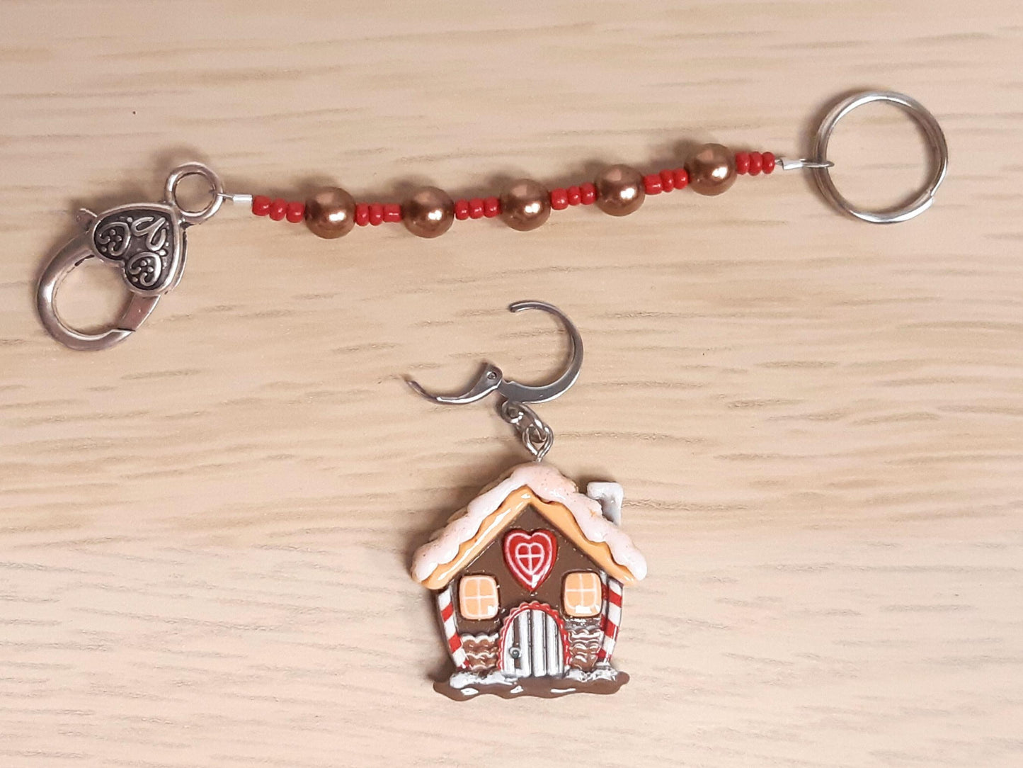 Gingerbread House Beaded Scissor Fob and Stitch Marker Set