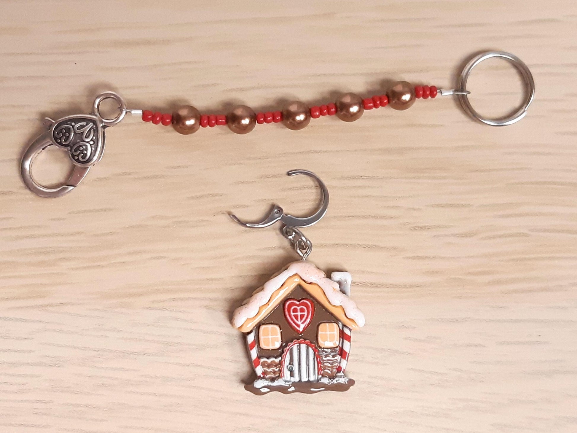 Gingerbread House Beaded Scissor Fob and Stitch Marker Set
