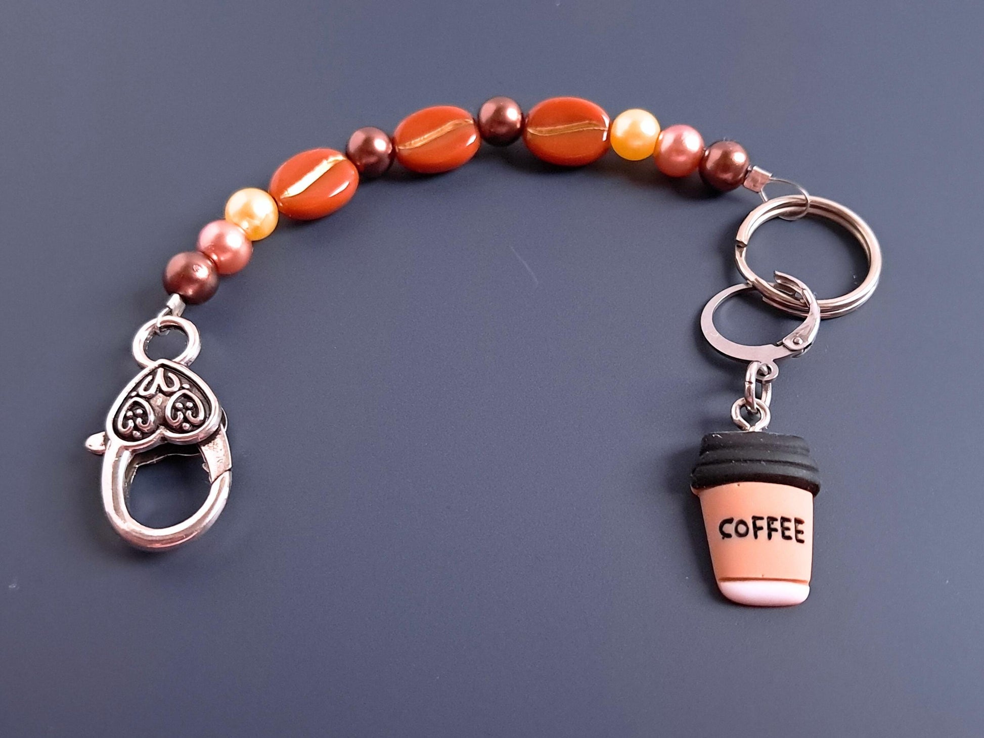 Coffee Cup Coffee Bean Beaded Scissor Fob and Stitch Marker Set