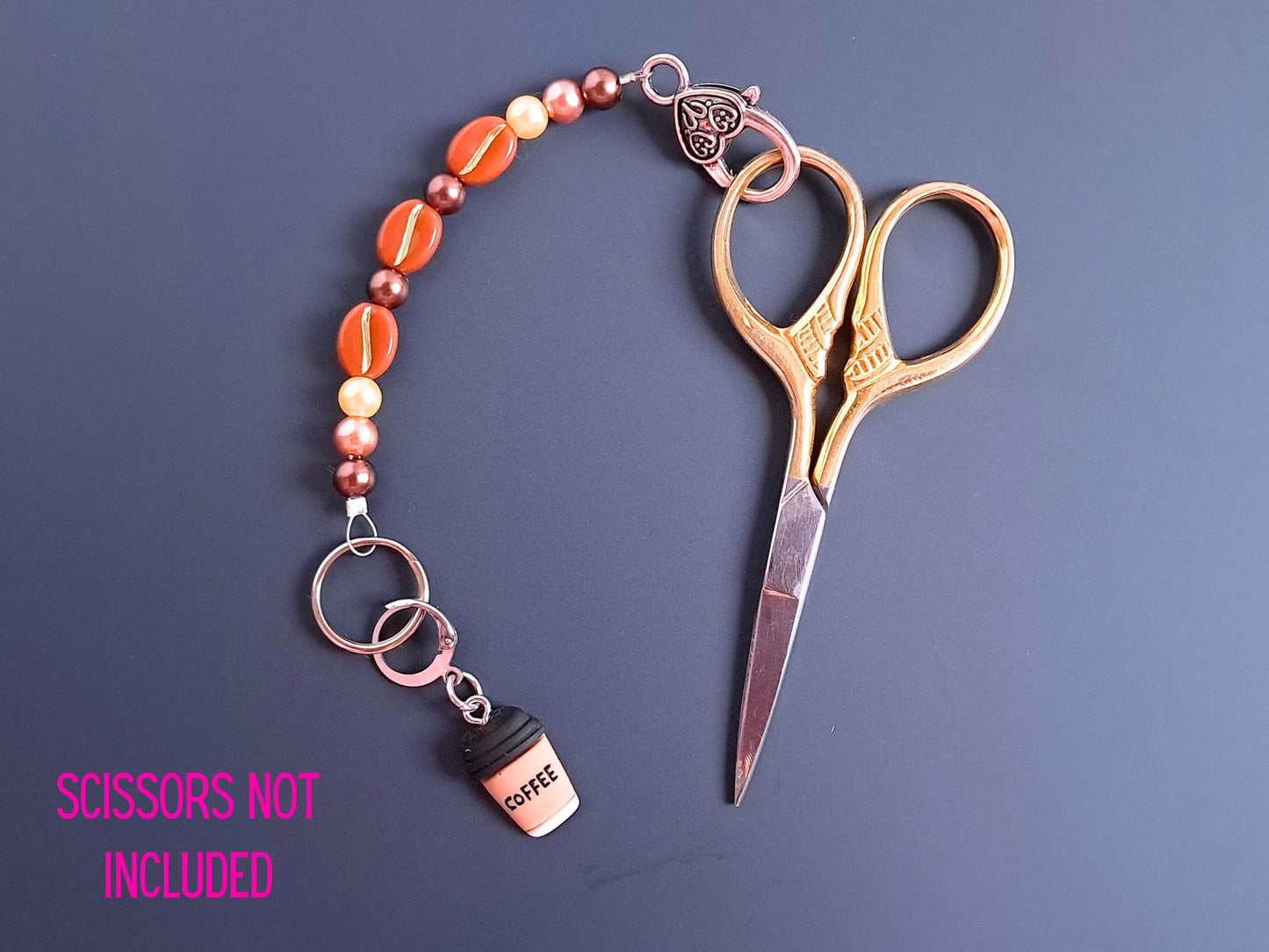 Coffee Cup Coffee Bean Beaded Scissor Fob and Stitch Marker Set