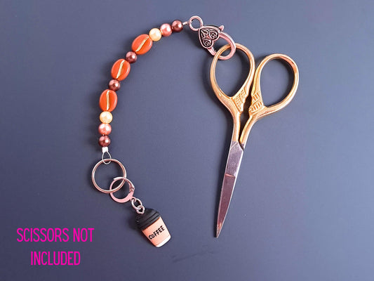 Coffee Cup Coffee Bean Beaded Scissor Fob and Stitch Marker Set