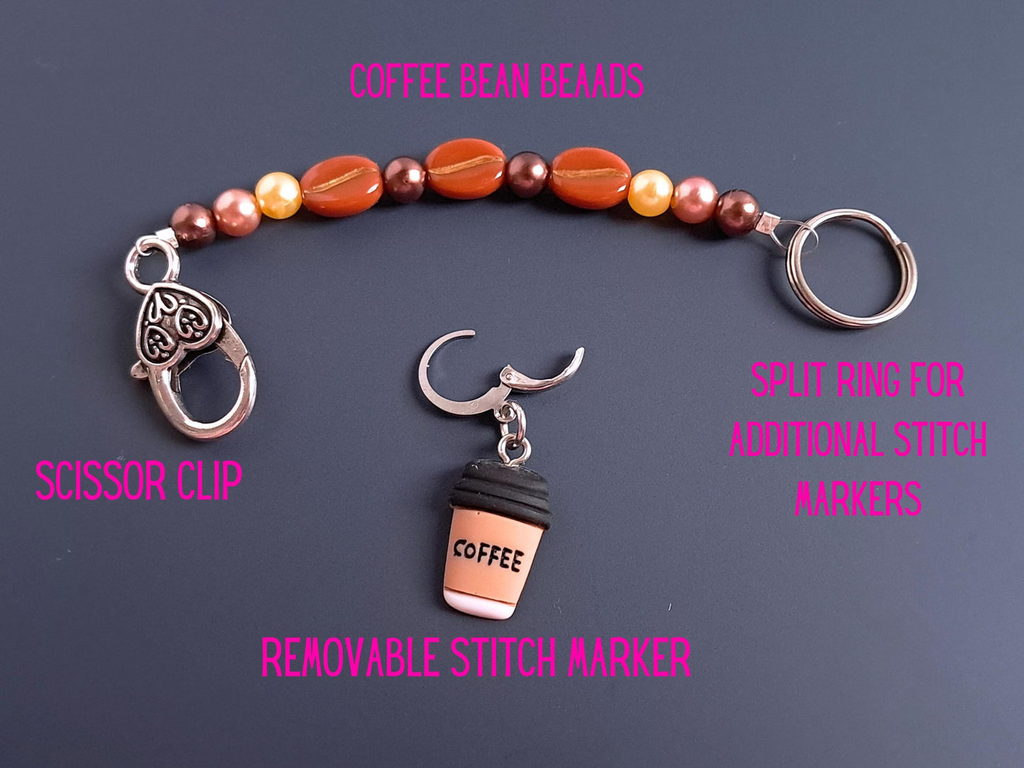 Coffee Cup Coffee Bean Beaded Scissor Fob and Stitch Marker Set