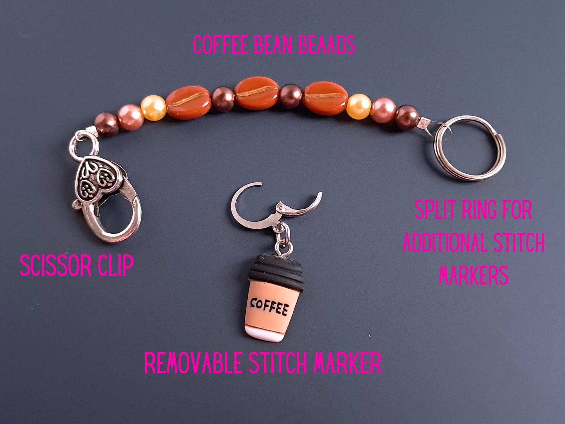 Coffee Cup Coffee Bean Beaded Scissor Fob and Stitch Marker Set
