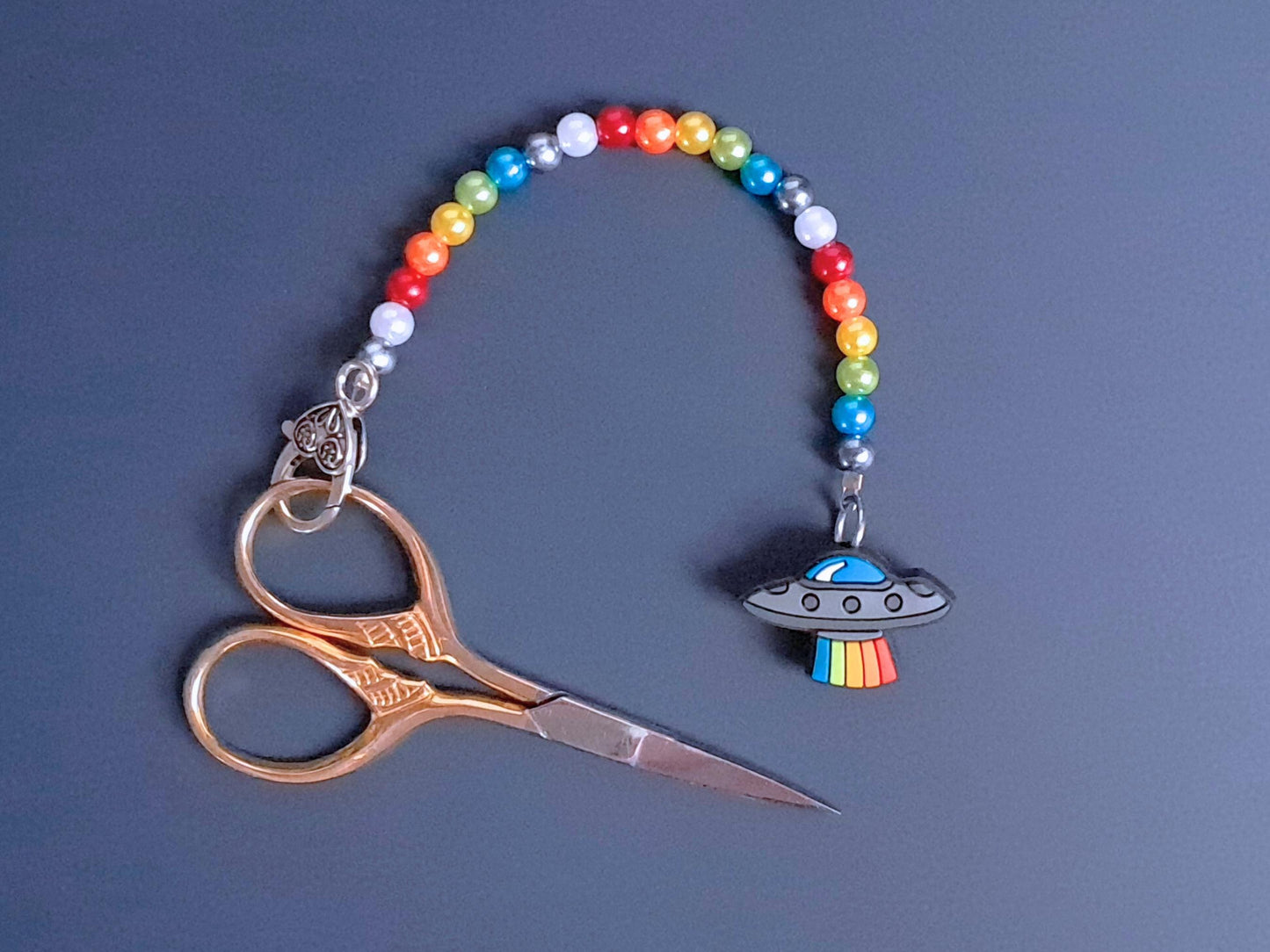 Rainbow Spaceship Scissor Fob with Protection Bead