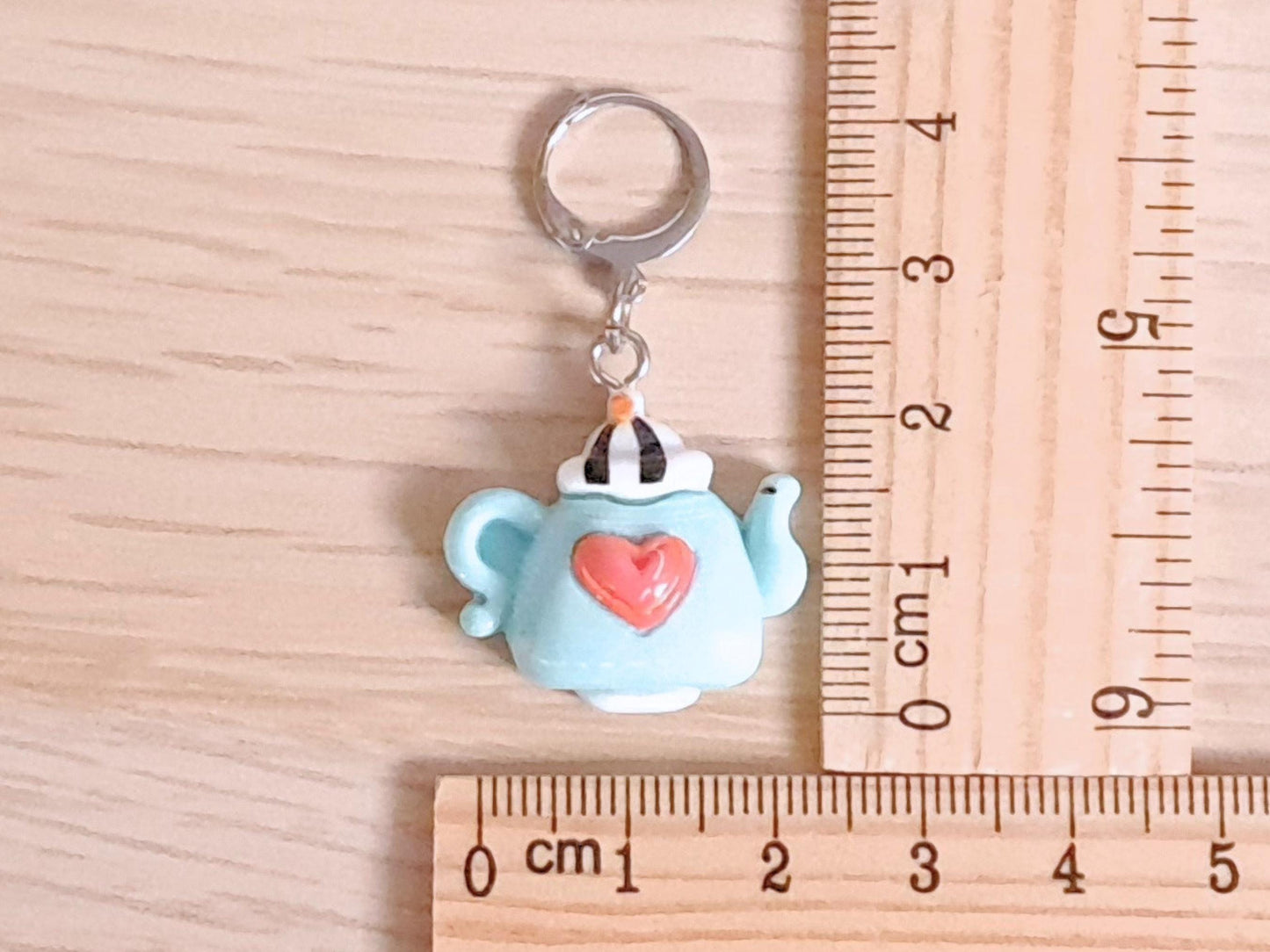 Blue Teapot With Heart Stitch Marker, Silver Plated, Leverback, Snag Free Crochet Notion, Progress Keeper, Crochet Knitting Row Marker Gift
