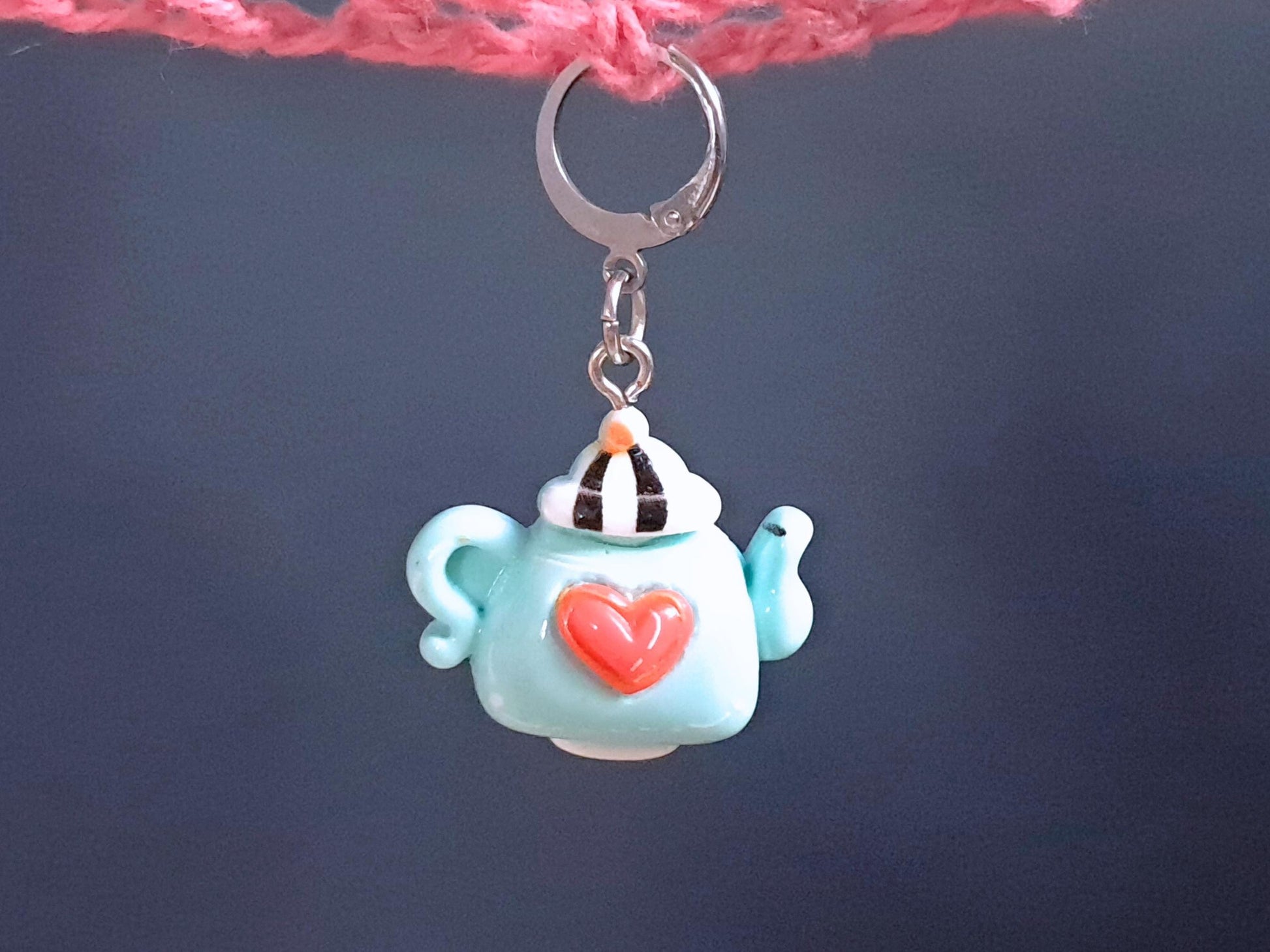 Blue Teapot With Heart Stitch Marker, Silver Plated, Leverback, Snag Free Crochet Notion, Progress Keeper, Crochet Knitting Row Marker Gift