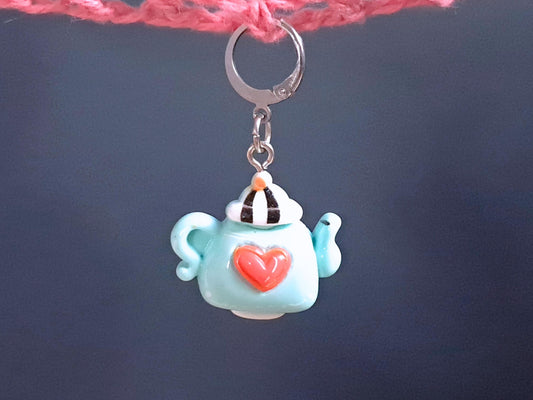 Blue Teapot With Heart Stitch Marker, Silver Plated, Leverback, Snag Free Crochet Notion, Progress Keeper, Crochet Knitting Row Marker Gift