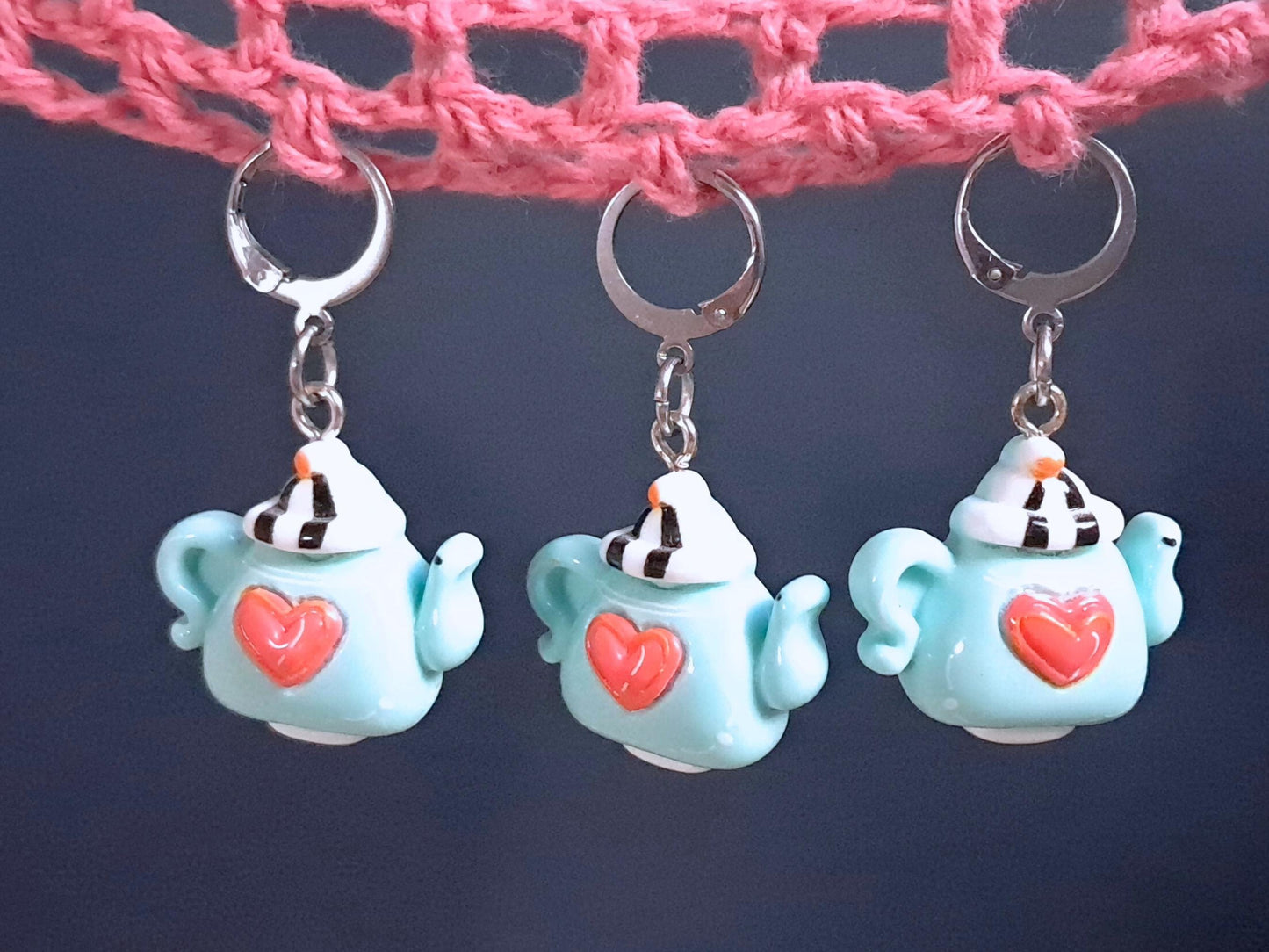 Blue Teapot With Heart Stitch Marker, Silver Plated, Leverback, Snag Free Crochet Notion, Progress Keeper, Crochet Knitting Row Marker Gift