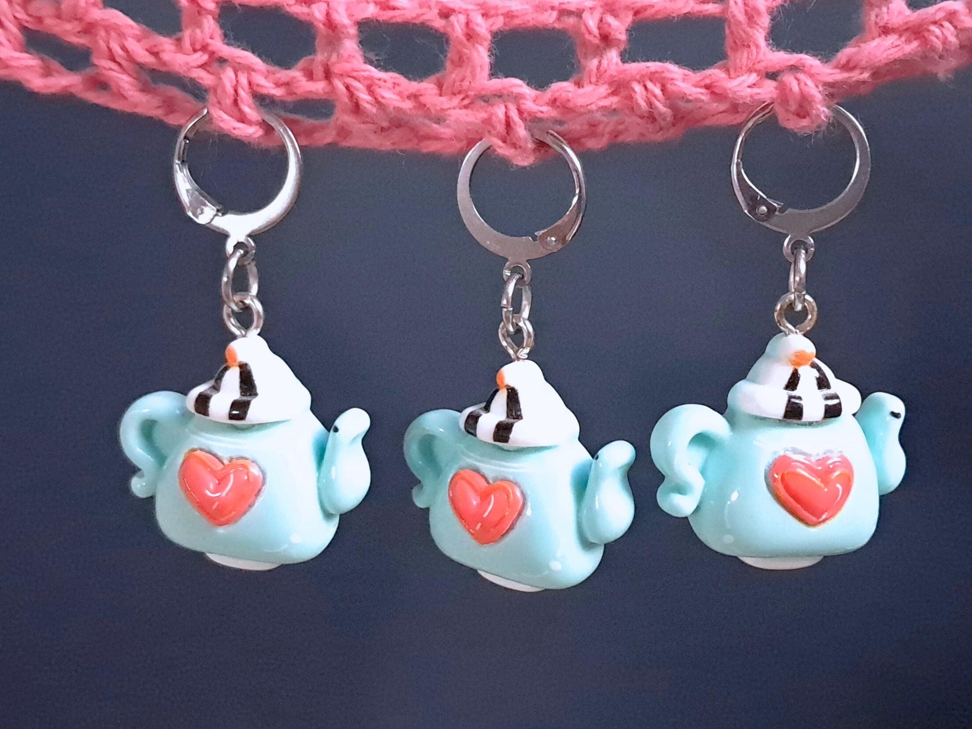 Blue Teapot With Heart Stitch Marker, Silver Plated, Leverback, Snag Free Crochet Notion, Progress Keeper, Crochet Knitting Row Marker Gift