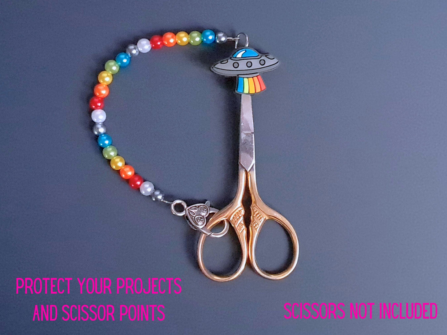 Rainbow Spaceship Scissor Fob with Protection Bead