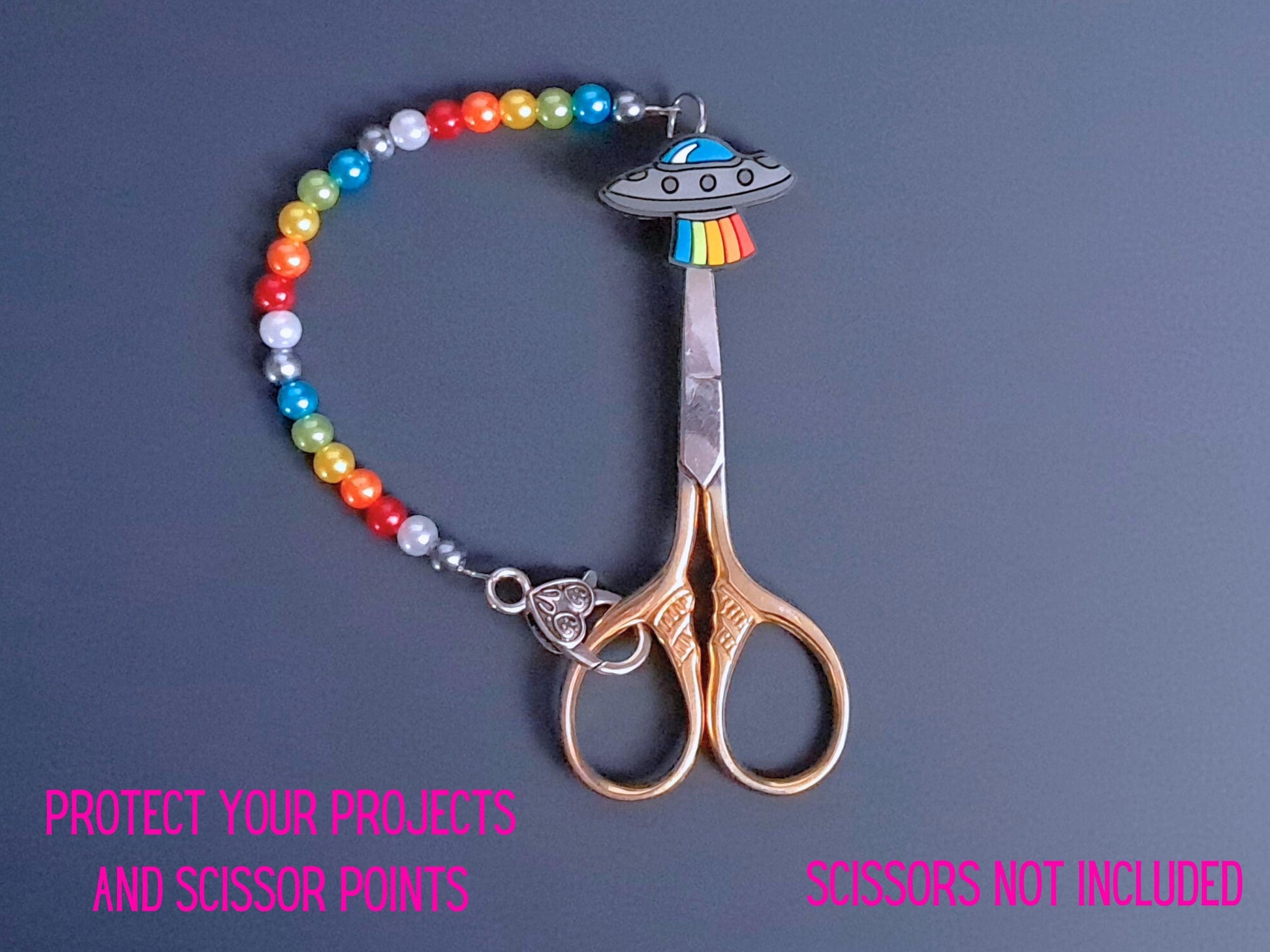 Rainbow Spaceship Scissor Fob with Protection Bead