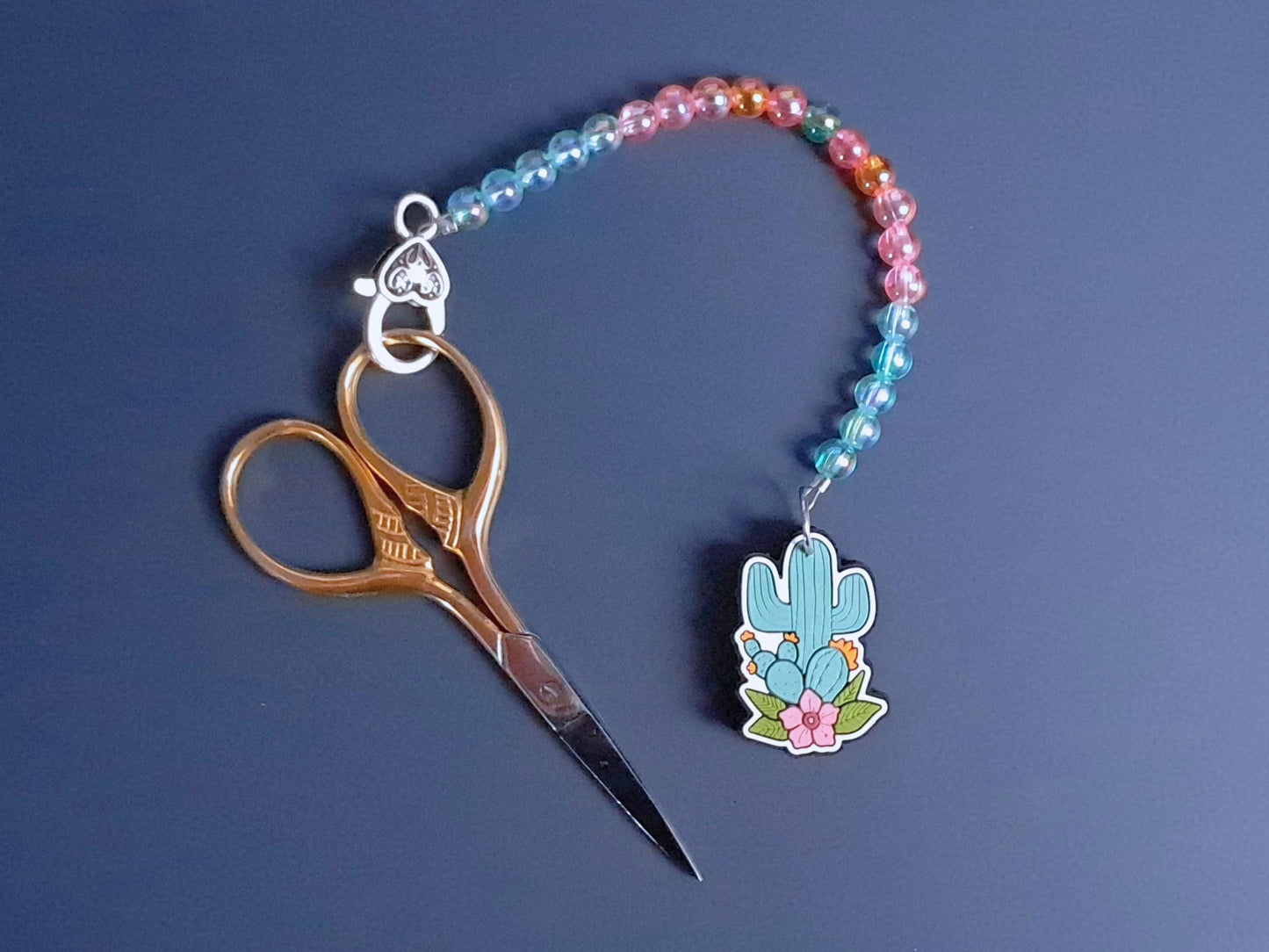 Flowering Cactus Scissor Fob with Protection Bead, Scissor Keeper, Embroidery Sewing Crochet Knitting Notion, Project Bag, Crafter Gift