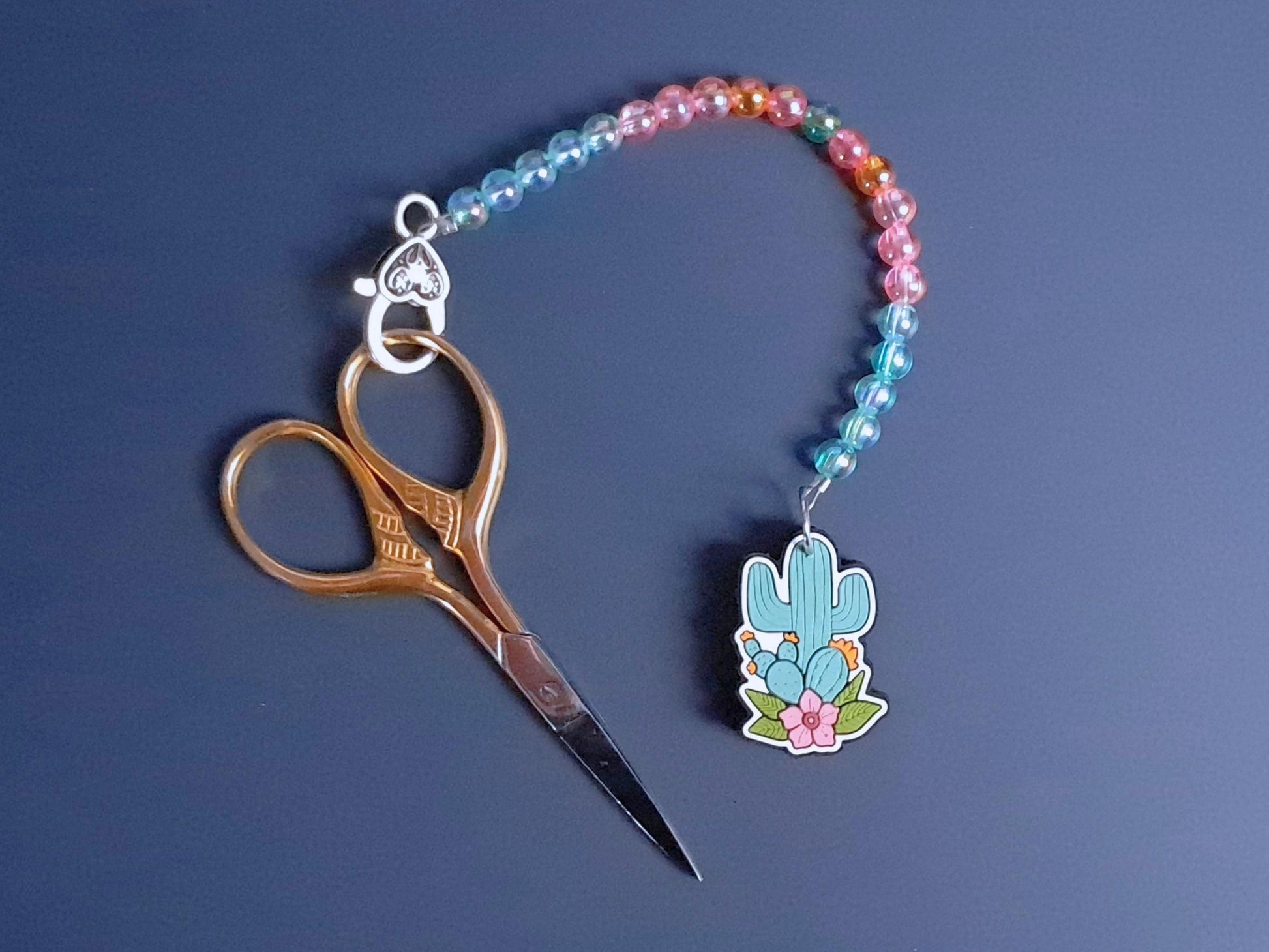 Flowering Cactus Scissor Fob with Protection Bead, Scissor Keeper, Embroidery Sewing Crochet Knitting Notion, Project Bag, Crafter Gift