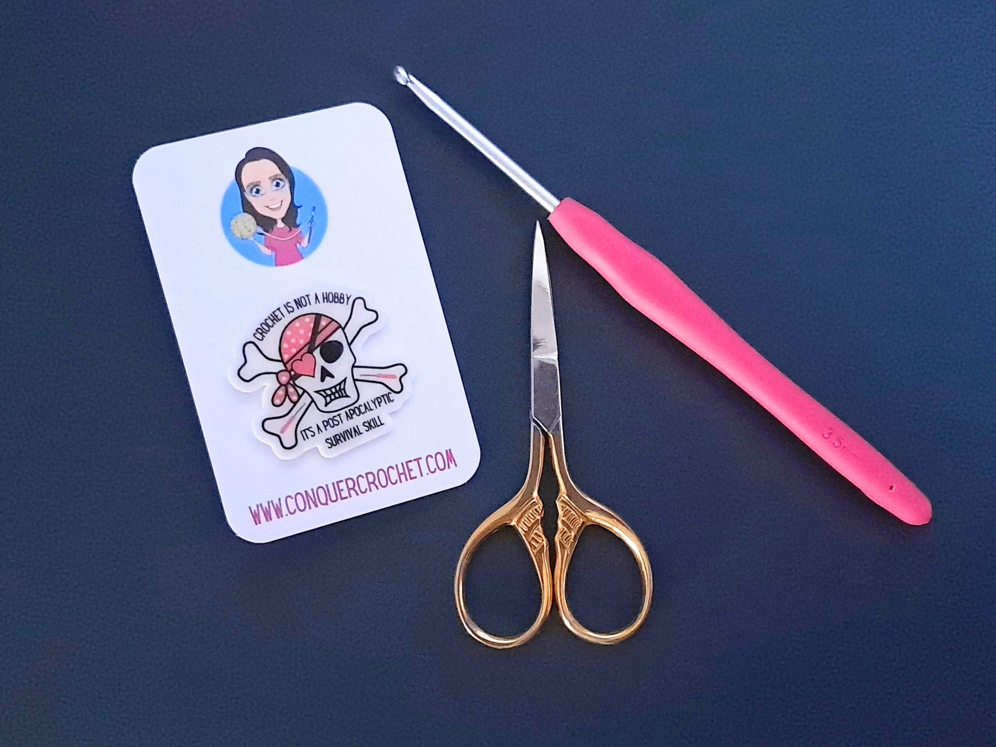 Funny Skull And Crossbones Crochet Pin Badge, Post Apocalyptic Skill Gift, Crocheter WIP Bag Accessory, Craft Humour Brooch Fibre Artist