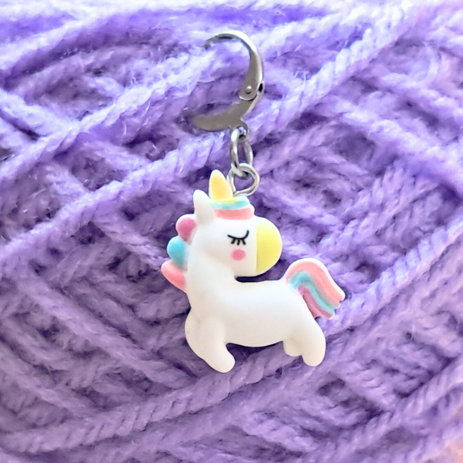 stitch markers for knitters and crocheters, picture of a rainbow unicorn stitch marker
