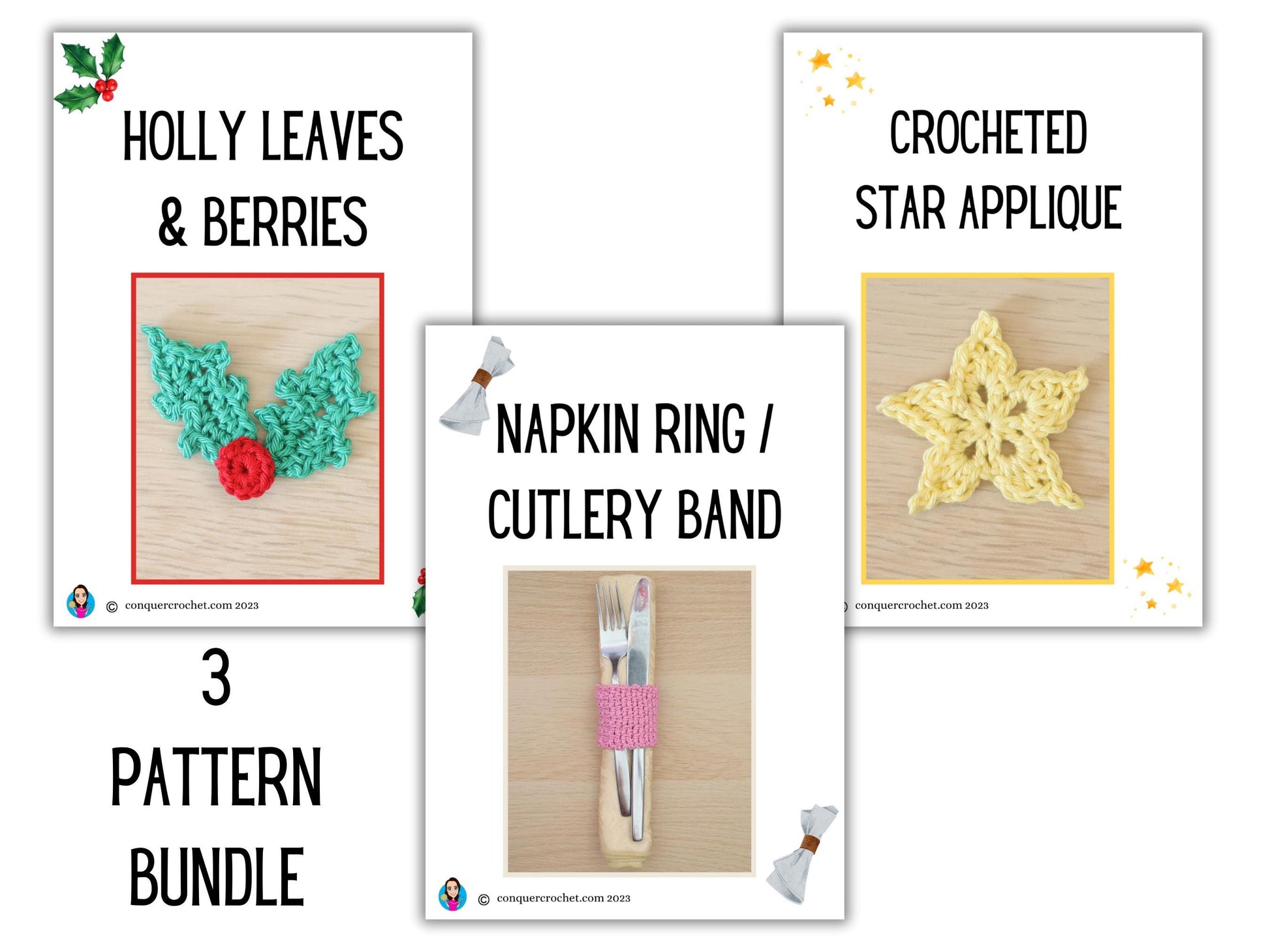 Christmas Napkin Ring/Cutlery Band Crochet Pattern with Holly Berries And Star Applique
