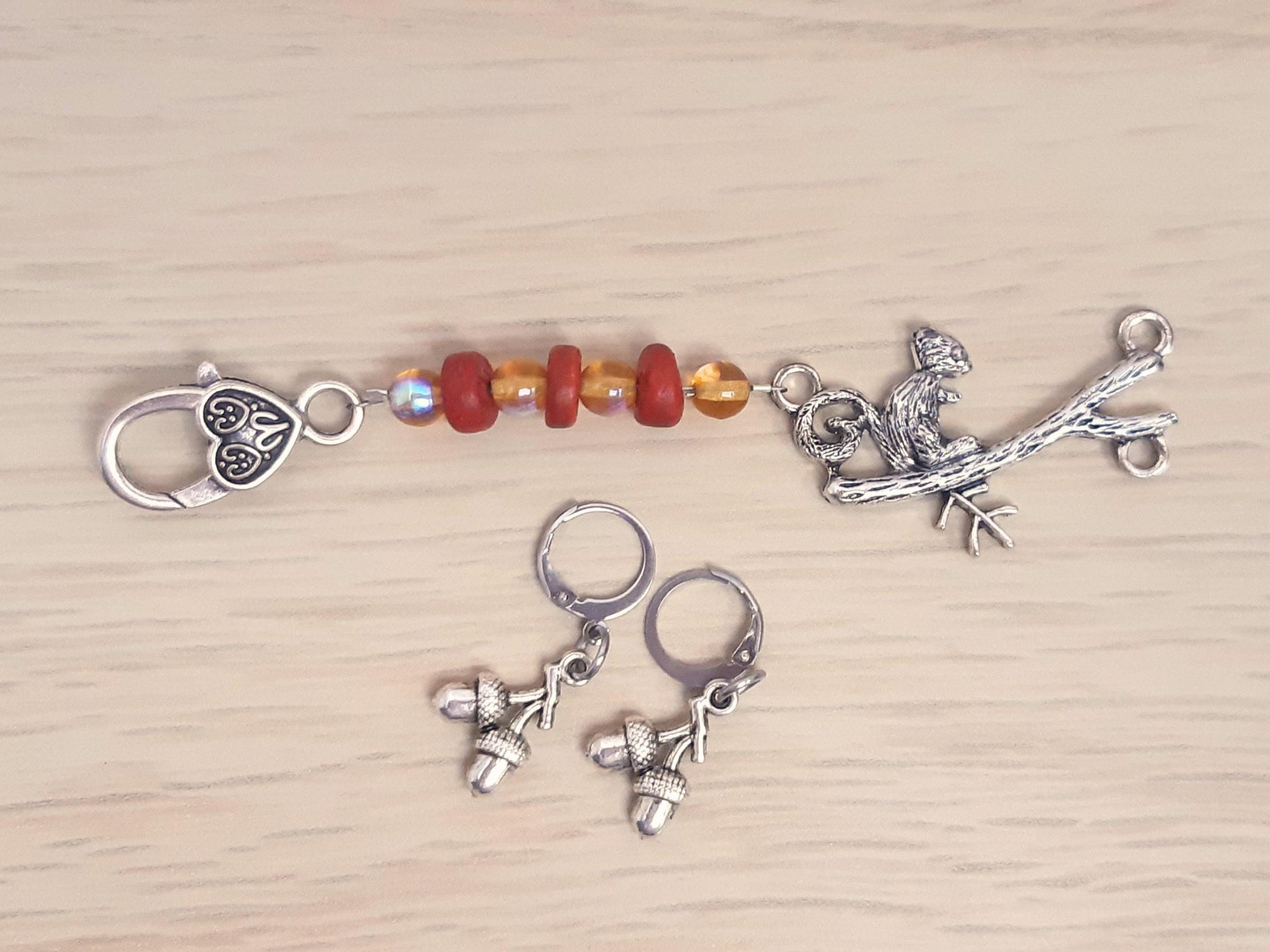 Squirrel Beaded Scissor Fob with Acorn Stitch Markers Set