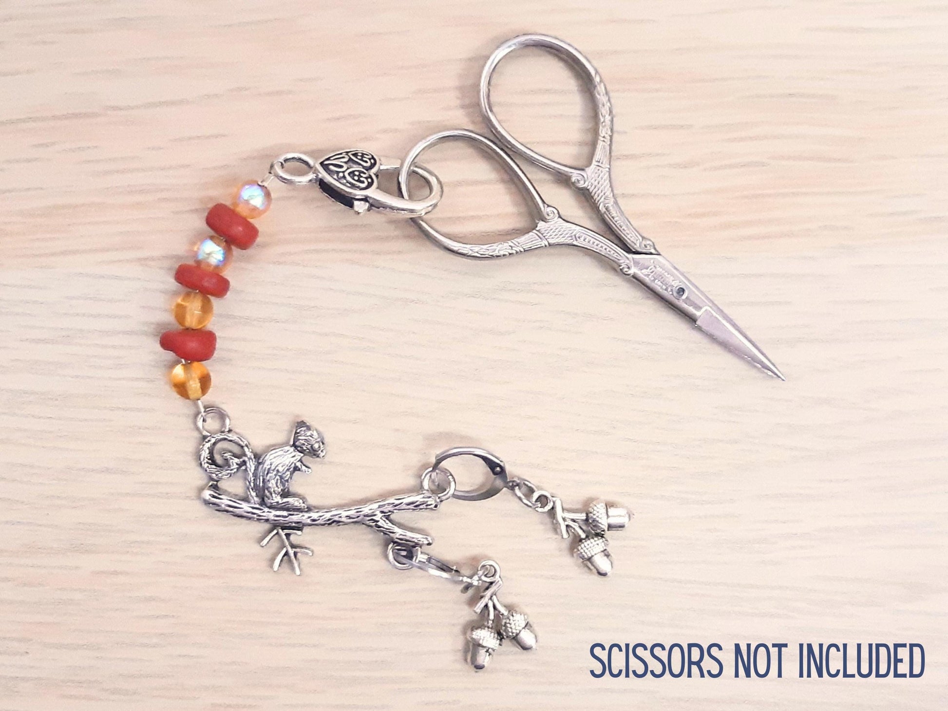 Squirrel Beaded Scissor Fob with Acorn Stitch Markers Set