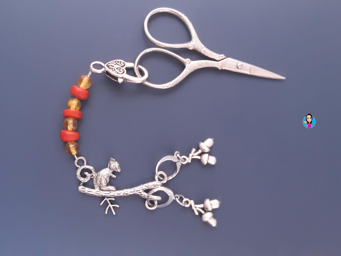 Squirrel Beaded Scissor Fob with Acorn Stitch Markers Set