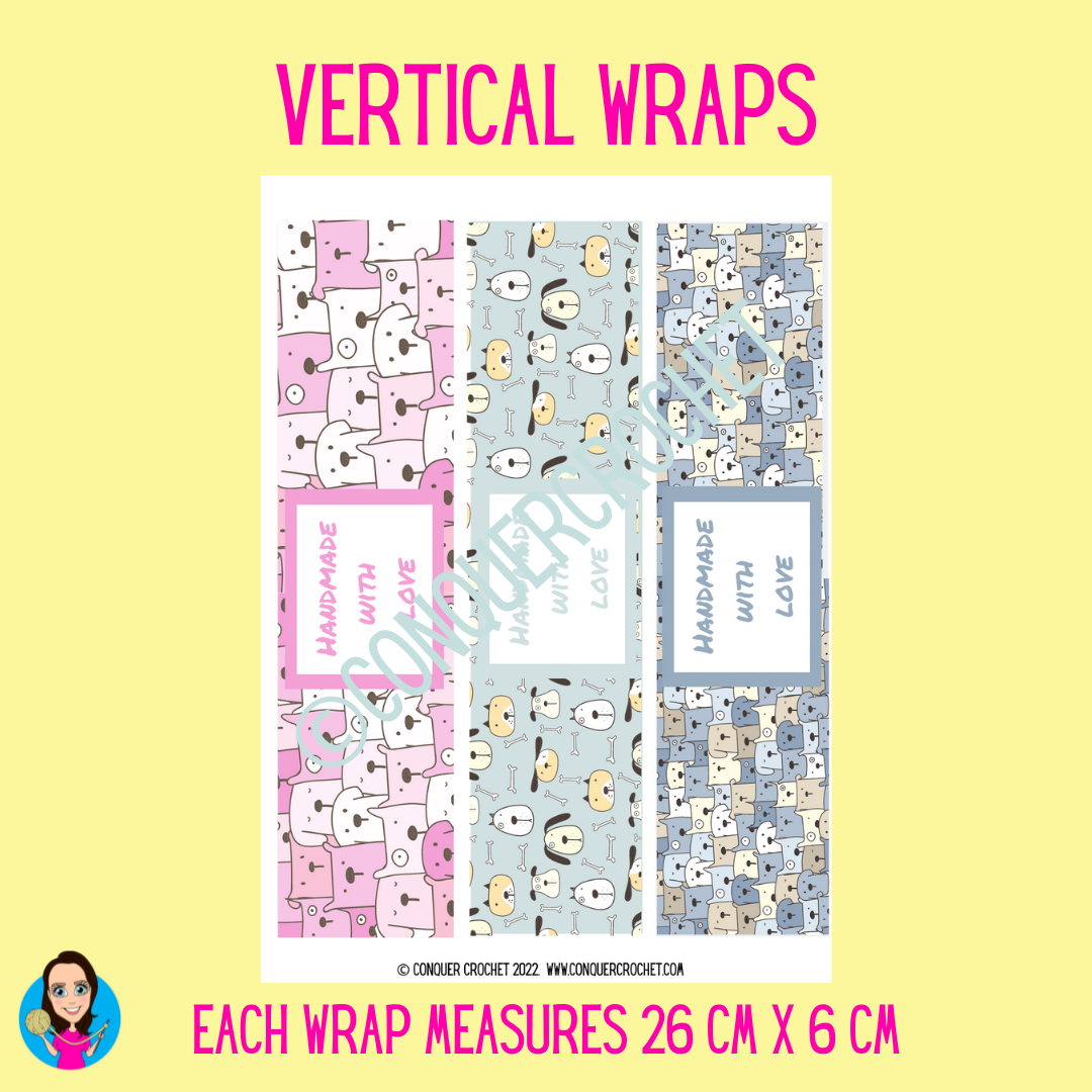 Cartoon dogs wrap labels for crochet products and gifts (Digital download)